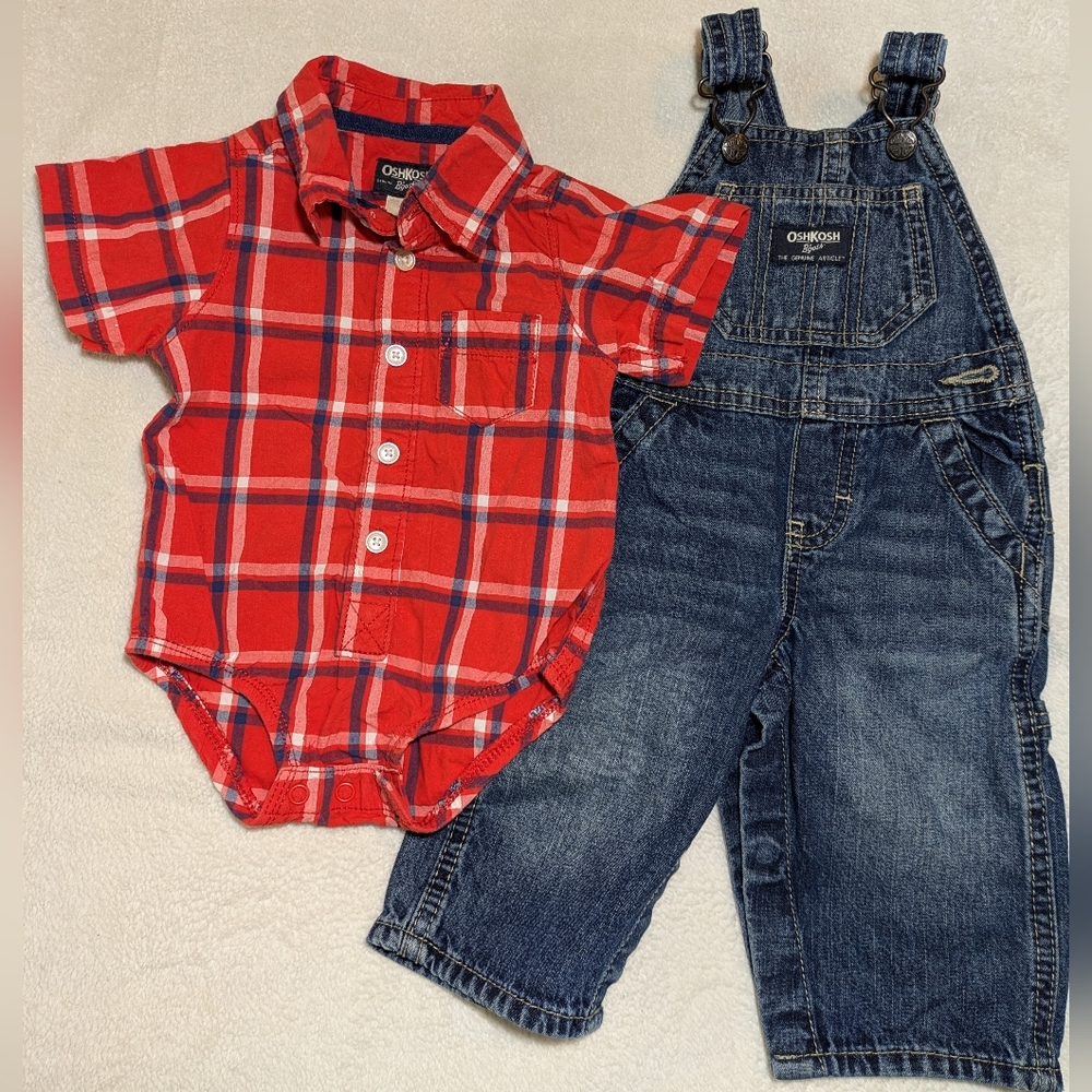 OshKosh B'gosh Baby Boy 2-Piece Set: Red Plaid Bodysuit & Denim Overalls - 6M
